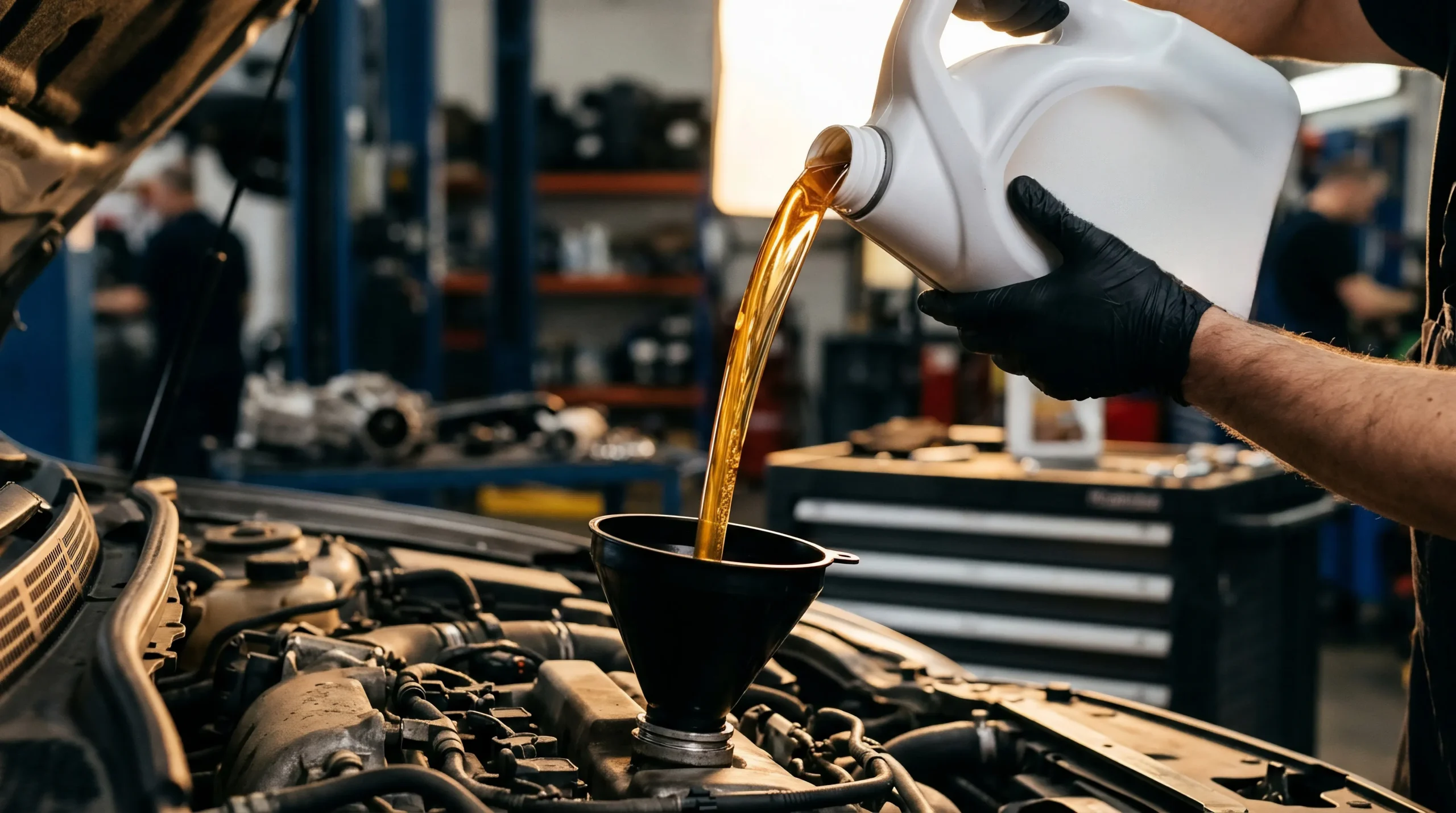 Mechanic pouring engine oil